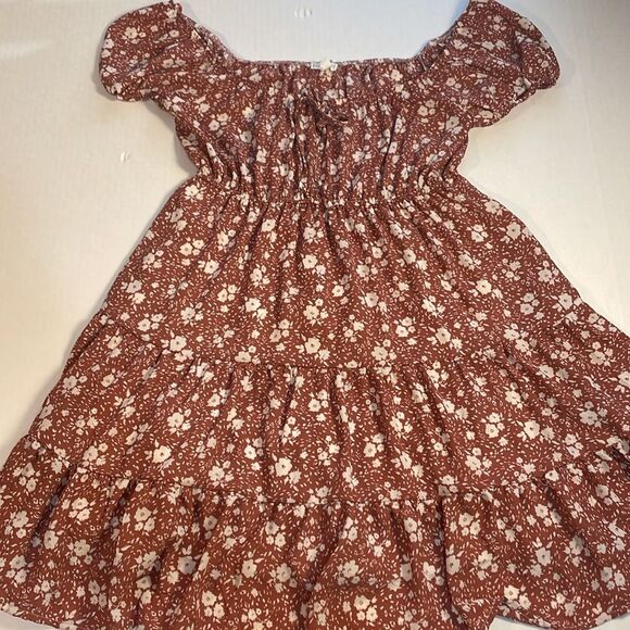 MINE Peasant Babydoll Milkmaid Off-the-shoulder Mini Tiered Dress Dusty Rose S - Picture 8 of 14